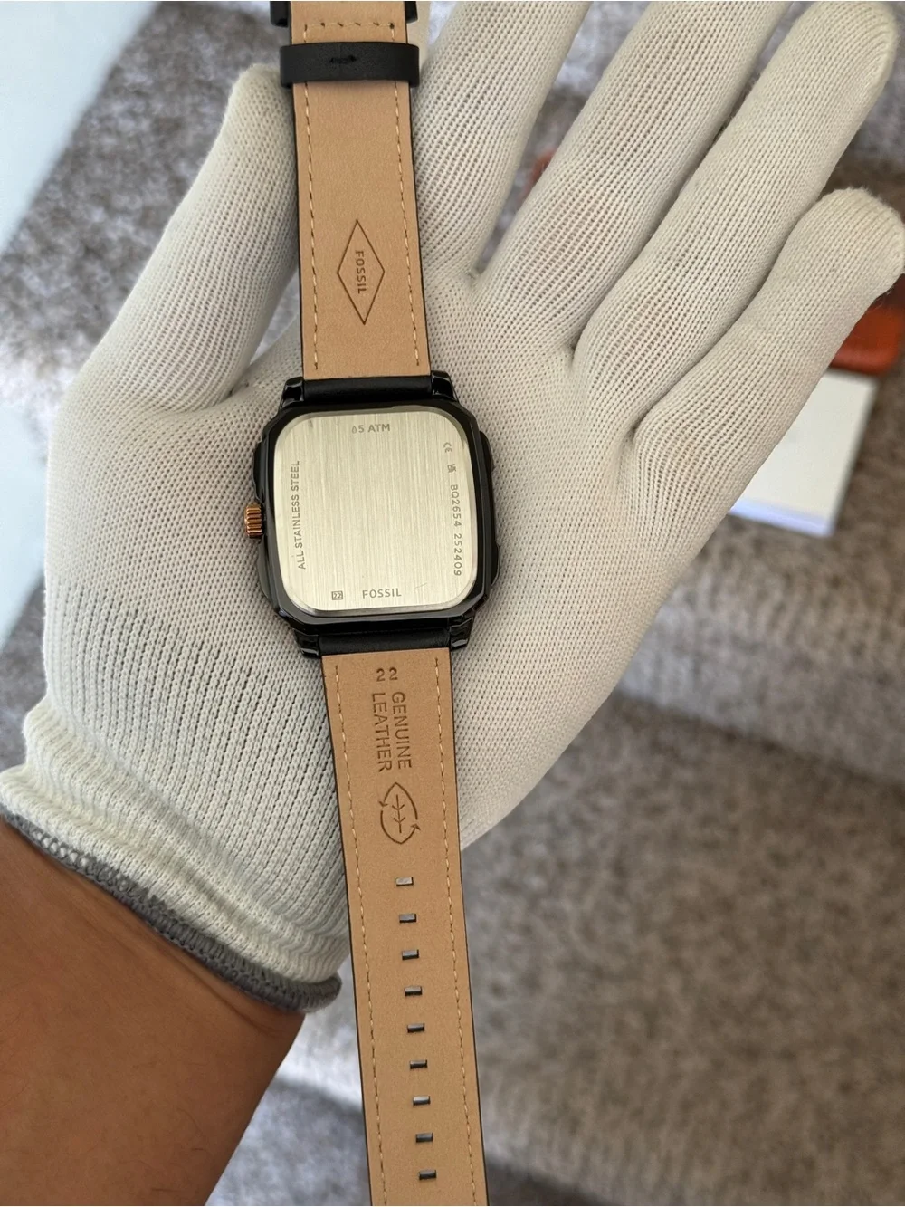 Fossil Black Leather Watch with Rose Gold-Tone Square Case Mens Watch